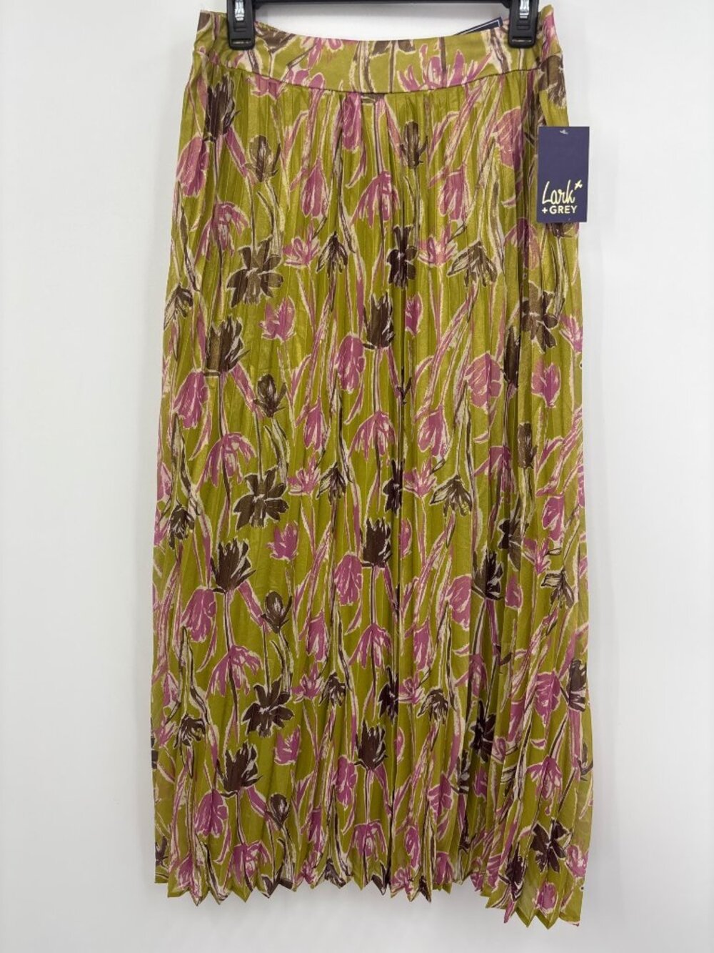 Lark & Gray Pleated Midi Skirt Floral Metallic Green Size Large NEW